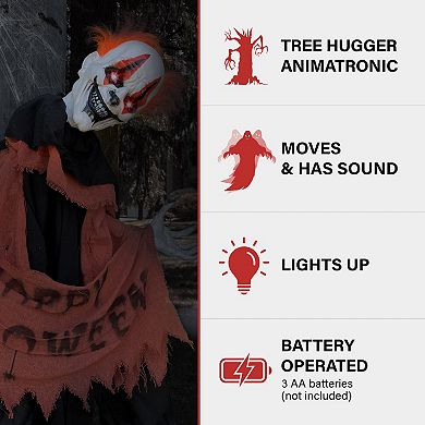 Animatronic Clown Tree Hugger with Movement, Sounds, and Lights Halloween Decoration