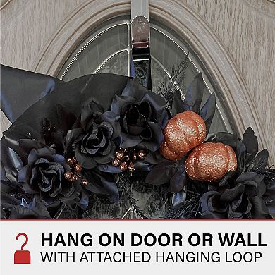 Black and Orange Floral Halloween Wreath