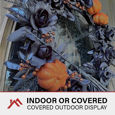 Black and Orange Floral Halloween Wreath