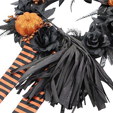 Black and Orange Floral Halloween Wreath