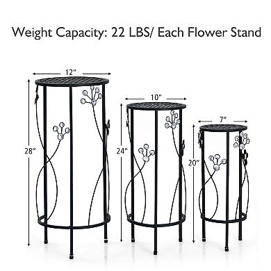 3 Pieces Metal Plant Stand Set with Crystal Floral Accents Round-Black