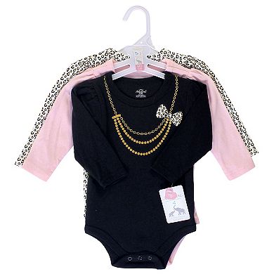 Little Treasure Baby Girl Cotton Long-Sleeve Bodysuits 3pk, Leopard Necklace
