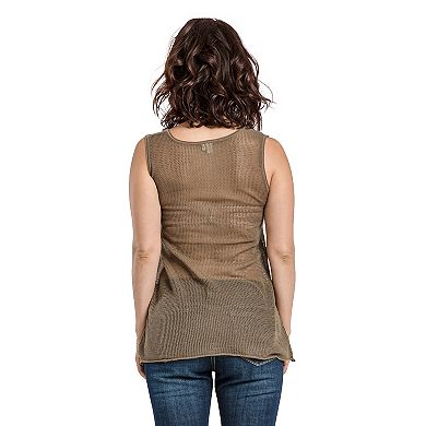 Miss Halladay Womens Olive Mesh Knit Tunic Tank Sweater Scoop Neck Front Cut Line