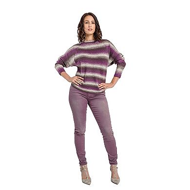 Women's Wool Blended Rib Sweater color gradation Stripe Raglan Batwing Long Sleeve