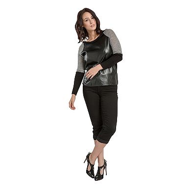 Women's Fine Gauge Raglan Long Sleeve Sweater Vegan Leather Color Block Front