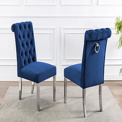 Best Quality Furniture Button Tufted Rolled Back Dining Side Chair with Stainless Steel Legs (Set of 2)
