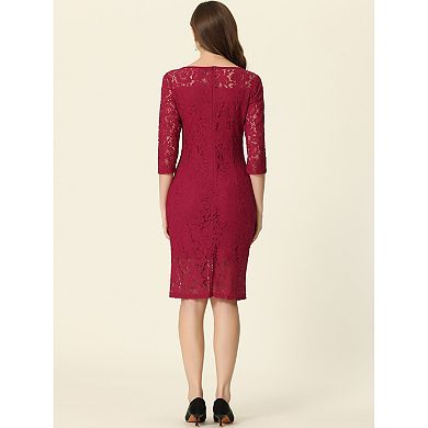 Lace 3/4 Sleeve Dress for Women Square Neck Midi Straight Tired