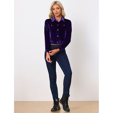 Women's Velvet Jacket Faux Flap Pocket Long Sleeves Button Front Casual Jacket