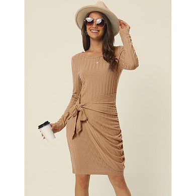 Women's Spring Fall Casual Long Sleeve Crewneck Wrap Bodycon Ruched Tie Waist Mini Dress