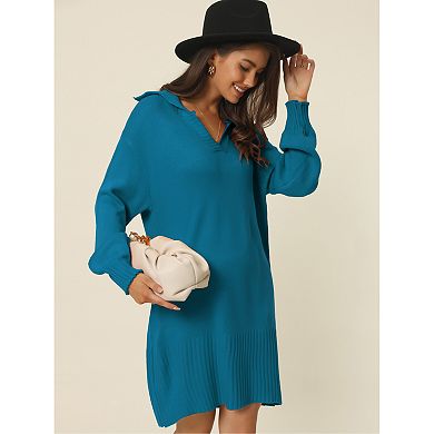 Women's Casual Ribbed Hem Pullover Jumper V Neck Long Sleeve Loose Fit  Knit Mini Sweater Dress