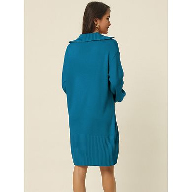 Women's Casual Ribbed Hem Pullover Jumper V Neck Long Sleeve Loose Fit  Knit Mini Sweater Dress