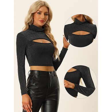 Party Tee for Women's Long Sleeve Slim Fit Mock Neck Cutout Crop Tops