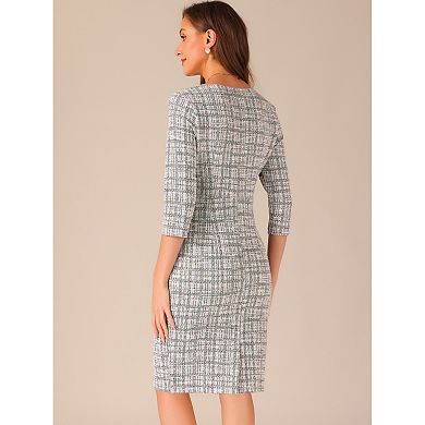 Elegant Work Dress For Women 3/4 Sleeve Plaid Tweed Bodycon Dress