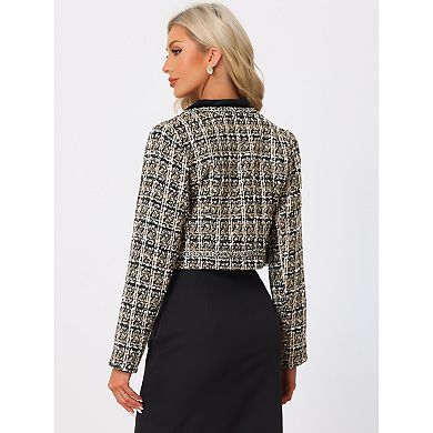 Tweed Cropped Jacket For Women's Stand Collar Double Breasted Office Elegant Plaid Blazer