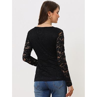 Lace Tops for Women's Casual Deep V Neck Long Sleeve Floral Wrap Peplum Top Blouse