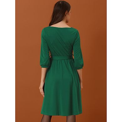 Casual A-line Dress for Women's Boat Neckline Half Sleeve Dress with Belt