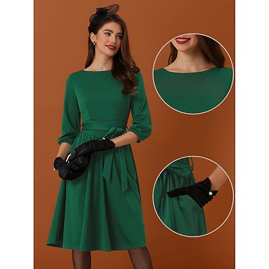 Casual A-line Dress for Women's Boat Neckline Half Sleeve Dress with Belt