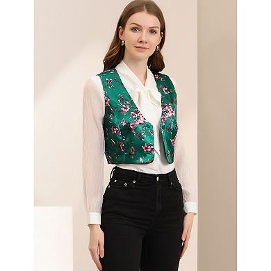 Women's Floral Pattern V Neck Sleeveless Button Satin Waistcoat Vest