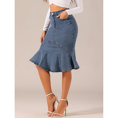 Fishtail Denim Skirt For Women's High Waist Bodycon Jean Ruffles Skirts