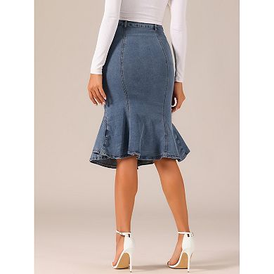 Fishtail Denim Skirt For Women's High Waist Bodycon Jean Ruffles Skirts
