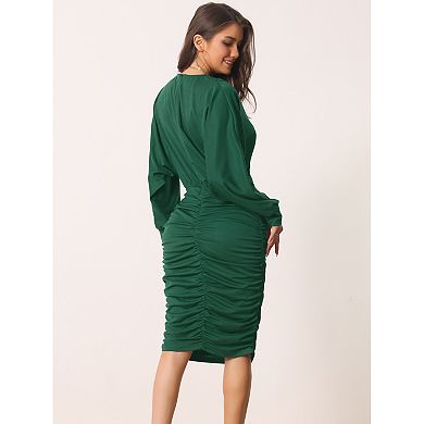 Women's Spring Fall Ruched V Neck Long Batwing Sleeve Bodycon Cocktail Party Midi Dress
