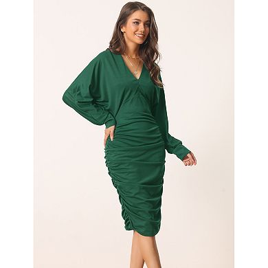 Women's Spring Fall Ruched V Neck Long Batwing Sleeve Bodycon Cocktail Party Midi Dress