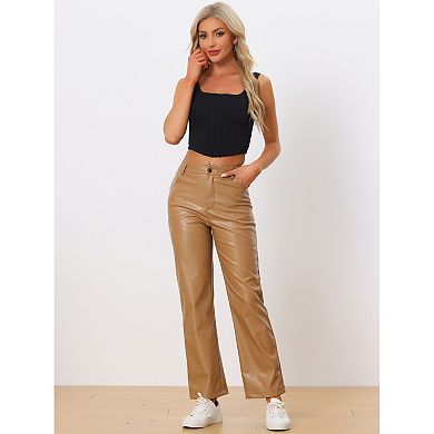 Faux Leather Pants For Women's High Waist Straight Leg Casual Pu Punk Trousers