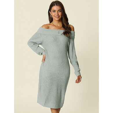 Women's Off Shoulder Long Sleeve Ribbed Knit Pullover Midi Sweater Dress