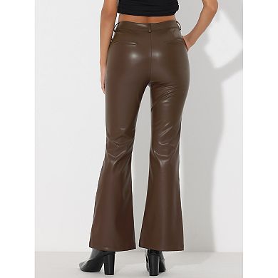 Faux Leather Flared Pants For Women's High Waist Bell Bottom Pu Trousers