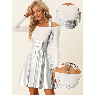 Metallic Overalls Skirts for Women's High Waist Party A-Line Suspender Skirt