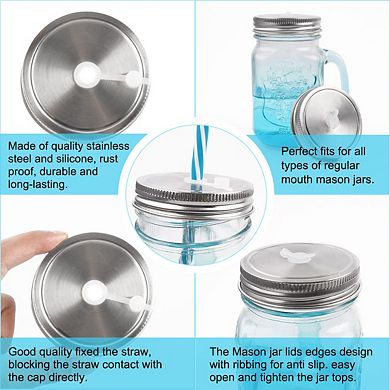 4 Pcs Stainless Steel Regular Mouth Jar Lids with Straw Hole for Mason Bottle Jar