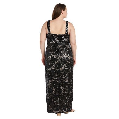Plus Size R&M Richards Long Sequin & Lace Crochet Dress with Contrast Lining & Sash Belt