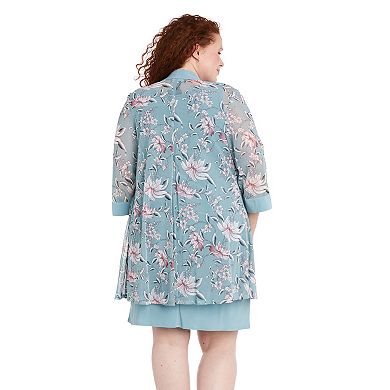 Plus Size R&M Richards 3-Piece Floral Printed Jacket with Solid Tank Dress & Detachable Necklace