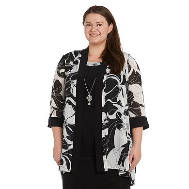 Plus Size R&M Richards 3-Piece Printed Chiffon Duster & Jersey Dress with Detachable Necklace