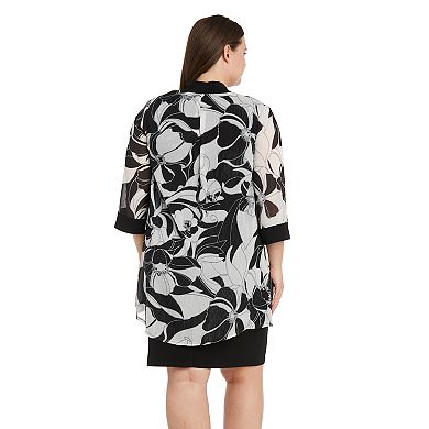 Plus Size R&M Richards 3-Piece Printed Chiffon Duster & Jersey Dress with Detachable Necklace