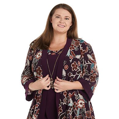 Plus Size R&M Richards 3-Piece Printed Rib Knit Jacket & Dress with Detachable Necklace