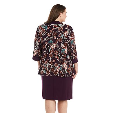 Plus Size R&M Richards 3-Piece Printed Rib Knit Jacket & Dress with Detachable Necklace