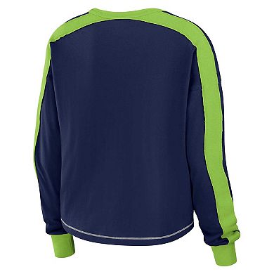 Women's WEAR by Erin Andrews Navy/Neon Green Seattle Seahawks Color Block Long Sleeve T-Shirt