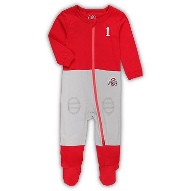 Infant Wes & Willy Scarlet Ohio State Buckeyes #1 Football Uniform Full-Zip Footed Jumper