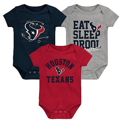 Newborn & Infant Navy/Red/Heather Gray Houston Texans Three-Pack Eat, Sleep & Drool Retro Bodysuit Set