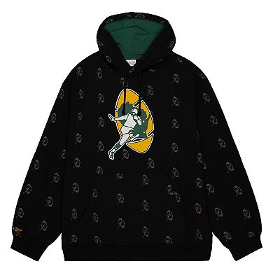 Men's Mitchell & Ness Black Green Bay Packers Allover Print Fleece Pullover Hoodie