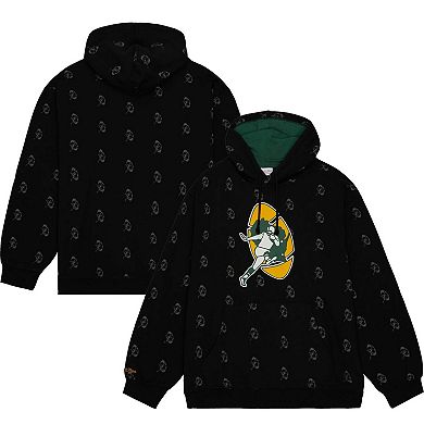 Men's Mitchell & Ness Black Green Bay Packers Allover Print Fleece Pullover Hoodie