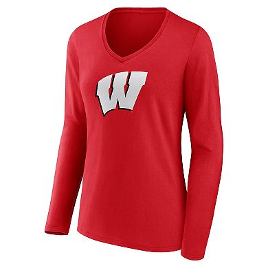 Women's Fanatics Branded Red Wisconsin Badgers Evergreen Logo Long Sleeve V-Neck T-Shirt