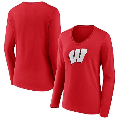 Women's Fanatics Branded Red Wisconsin Badgers Evergreen Logo Long Sleeve V-Neck T-Shirt