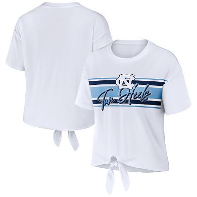 Women's WEAR by Erin Andrews White North Carolina Tar Heels Striped Front Knot Cropped T-Shirt