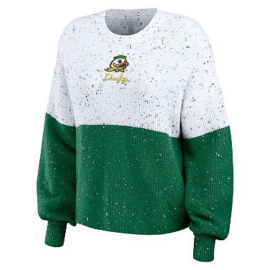 Women's WEAR by Erin Andrews White/Green Oregon Ducks Colorblock Script Pullover Sweater