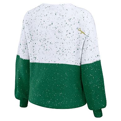 Women's WEAR by Erin Andrews White/Green Oregon Ducks Colorblock Script Pullover Sweater