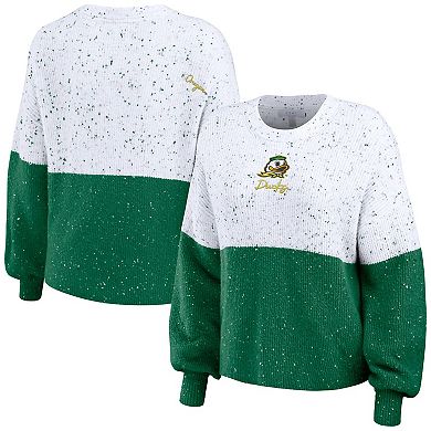 Women's WEAR by Erin Andrews White/Green Oregon Ducks Colorblock Script Pullover Sweater