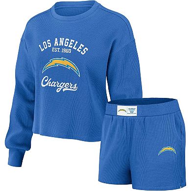 Women's WEAR by Erin Andrews Blue Los Angeles Chargers Waffle Knit Long Sleeve T-Shirt & Shorts Lounge Set