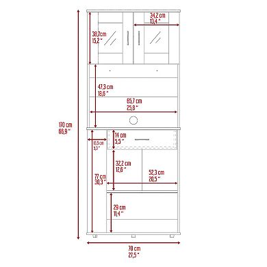 Poole Pantry Cabinet, Three Side Small  Shelves, One Drawer, Double Door Cabinet, Four Adjustable Metal Legs